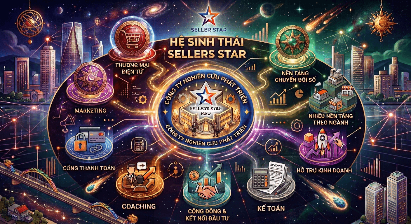 Hệ sinh thái Sellers Star: R&D Hub kết nối Thương mại điện tử, Marketing, Kế toán, Coaching, Xúc tiến đầu tư, Cộng đồng, Hỗ trợ kinh doanh, Nền tảng chuyển đổi số và nhiều nền tảng theo ngành